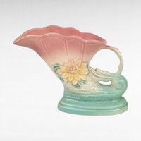 Vintage Hull Pottery Cornucopia Vase, Waterlily Design, Pink and Turquoise Vase, Art Deco Vase, Mid-Century Modern, 1940s, 6.5 Inches