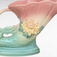 Vintage Hull Pottery Cornucopia Vase, Waterlily Design, Pink and Turquoise Vase, Art Deco Vase, Mid-Century Modern, 1940s, 6.5 Inches