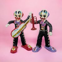 Vintage Mexican Paper Mache Clown Figurines, Musician Clowns, Folk Art, Day of the Dead Decor, Pair of Clowns