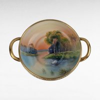 Antique Noritake Nippon Handpainted Bowl, Handled Serving Bowl, Lake Scene with Swan, Gold Trim, Japan