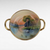 Antique Noritake Nippon Handpainted Bowl, Handled Serving Bowl, Lake Scene with Swan, Gold Trim, Japan