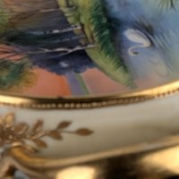 Antique Noritake Nippon Handpainted Bowl, Handled Serving Bowl, Lake Scene with Swan, Gold Trim, Japan
