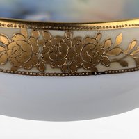 Antique Noritake Nippon Handpainted Bowl, Handled Serving Bowl, Lake Scene with Swan, Gold Trim, Japan