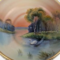 Antique Noritake Nippon Handpainted Bowl, Handled Serving Bowl, Lake Scene with Swan, Gold Trim, Japan
