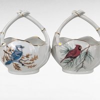Vintage Limoges Porcelain Trinket Baskets | Pair of Bird Baskets | Cardinal and Blue Jay | French Porcelain | Gift for Bird Lovers