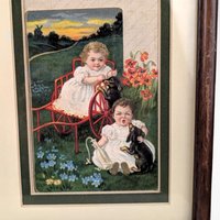 Pair of Vintage Framed Sasparilla Advertising Cards | Children & Dogs | Wall Decor | 10.5" x 8" | Set of 2