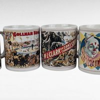 Vintage Flambro Ceramic Circus Poster Mugs, Set of 4 | Collectible Circus Mugs with Box | Retro Kitchen Decor | Gift for Circus Enthusiasts