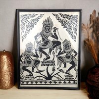 Vintage Framed Thai Goddess Rice Paper Art, Asian Wall Decor, Black and White Art, Thai Dancer Art, Buddhist Art, Spiritual Decor