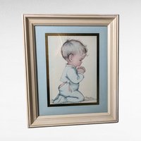 Vintage Charlot Byj Children Praying Prints | Framed Nursery Art | Religious Art | Christian Decor | 12.5 x 10.75 Inch