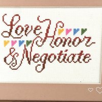 Vintage Framed Cross Stitch "Love, Honor, & Negotiate" | Funny Cross Stitch | Wedding Gift | Anniversary Gift | Home Decor
