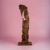 Vintage Hand-Carved Wooden Woman with Palm Frond Sculpture - 27" Tribal Art - Wood Statue - African Art