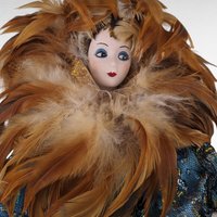 Vintage Porcelain Harlequin Doll - Art Fashion Doll - Feather Accents - 18 InchesTall - Collectible Doll