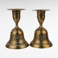 Vintage Brass Bell Candle Holders, Pair of Candlesticks, Etched Floral Design, 4" Tall, Table Decor