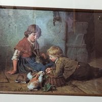 Large Framed Felix Schlesinger "Feeding the Rabbits" Print, Vintage Children's Art, 27.5" x 31.75"