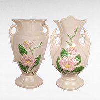Pair of Imperfect Vintage Hull Pottery Magnolia Vases | Pink Hull Vases | Art Deco Floral Vases | 12.5 Inch Vases