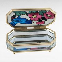 Vintage Joan Baker Designs Jewelry Box, Hand Painted Glass Trinket Box, Bluebird and Flowers, Collectible Box, Gift for Her