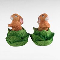 Vintage Bunny Figurines, Pair of Bunnies in Lettuce, Ceramic Bunnies, Easter Decor, Spring Decor, Collectible Figurines