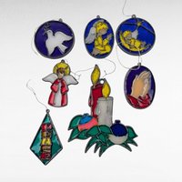 Vintage Religious Christmas Ornaments, Handpainted Stained Glass Look, Set of 8, Angel, Dove, Candle, Gift for Christian