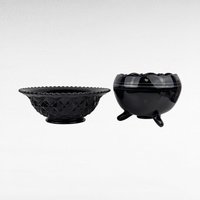 Vintage Black Glass Bowl Set, LE Smith Plate, Hand Painted Floral Bowl, Footed Bowl, Diamond Block Bowl, Gift for Collector, Home Decor
