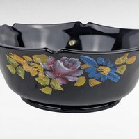 Vintage Black Glass Bowl Set, LE Smith Plate, Hand Painted Floral Bowl, Footed Bowl, Diamond Block Bowl, Gift for Collector, Home Decor