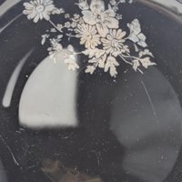 Vintage Black Glass Bowl Set, LE Smith Plate, Hand Painted Floral Bowl, Footed Bowl, Diamond Block Bowl, Gift for Collector, Home Decor