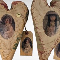 Vintage Handmade Plush Heart Pillows with Doll Faces, Victorian Style Fabric Hearts, Decorative Accent Pillows, Unique Gift