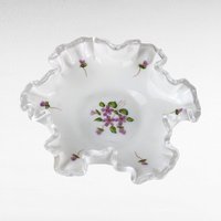 Vintage Fenton Violets in the Snow Milk Glass Dish | Ruffled Candy Dish | Trinket Dish | Collectible Glassware