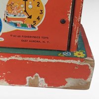 Vintage Fisher Price Toy Lot: Music Box Clock, Suzy Seal Pull Toy, Cloth Book, Xylophone Drum - Retro Toys, Collectible Toys