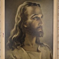Vintage Sallman's Head of Christ Lithograph, Framed Religious Art, 19x15", Distressed Wood Frame, Gift for Christian, Home Decor