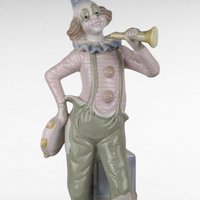 Vintage Porcelain 12 Inch Clown Figurine, Clown with Horn and Tambourine, Collectible Clown, Circus Decor, Gift for Clown Collector