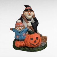 Vintage Halloween Decor Lot - Handmade Witch Wall Hanging, Ceramic Witch Tealight Holder, Black Cat Figurine, Witch Ornament with Snake