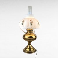 Antique Brass Hurricane Lamp, 21" Electric Lamp, Converted Oil Lamp, Vintage Home Decor, Victorian Lighting, Floral Shade
