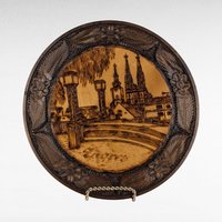 Vintage Carved Wood Burned Romanian Plate, Zagreb Cityscape Wall Decor, Romanian Folk Art, Gift for Collector, Ethnic Decor, 10.25 Inches