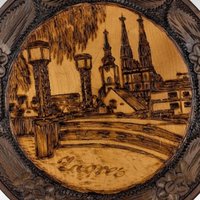 Vintage Carved Wood Burned Romanian Plate, Zagreb Cityscape Wall Decor, Romanian Folk Art, Gift for Collector, Ethnic Decor, 10.25 Inches
