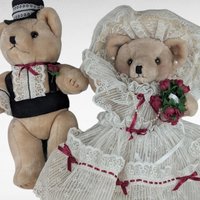 Vintage Plush Posable Bride & Groom Teddy Bears, Wedding Bears, Collectible Plush Toys, Vintage Wedding Decor, Gift for Couple