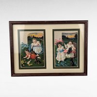 Pair of Vintage Framed Sasparilla Advertising Cards | Children & Dogs | Wall Decor | 10.5" x 8" | Set of 2