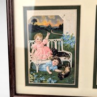 Pair of Vintage Framed Sasparilla Advertising Cards | Children & Dogs | Wall Decor | 10.5" x 8" | Set of 2