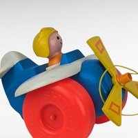 Vintage 1980s Fisher Price Pull Toy Airplane with Pilot - Blue and Yellow Plane - 8" Long - Toddler Gift - Retro Toy