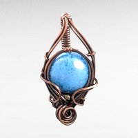 Handmade Copper Wire Wrapped Blue Czech Glass Pendant, Unique Artisan Jewelry, Handmade Gift Idea