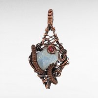 Handmade Copper Wire Wrapped Moonstone Pendant | Carved Moonstone with Pink Crystal Accent | Antiqued Copper | Unique Gift