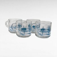 Set of 4 Anchor Hocking Winter Scene Mugs - Blue and White Mugs - Snow Scene Mugs - Vintage Kitchenware - Christmas Mugs