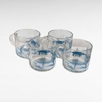 Set of 4 Anchor Hocking Winter Scene Mugs - Blue and White Mugs - Snow Scene Mugs - Vintage Kitchenware - Christmas Mugs