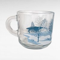 Set of 4 Anchor Hocking Winter Scene Mugs - Blue and White Mugs - Snow Scene Mugs - Vintage Kitchenware - Christmas Mugs