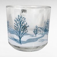 Set of 4 Anchor Hocking Winter Scene Mugs - Blue and White Mugs - Snow Scene Mugs - Vintage Kitchenware - Christmas Mugs