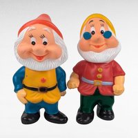 Vintage Disney Snow White and the Seven Dwarfs Doc and Happy Squeaky Toys, Collectible Disneyana, Cartoon Characters, Children's Toys