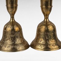 Vintage Brass Bell Candle Holders, Pair of Candlesticks, Etched Floral Design, 4" Tall, Table Decor