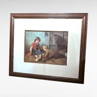 Large Framed Felix Schlesinger "Feeding the Rabbits" Print, Vintage Children's Art, 27.5" x 31.75"
