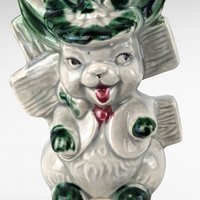 Vintage Ceramic Rabbit Planter, Whimsical Bunny with Fence, Green and Gray, 5" Tall