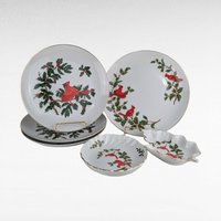 Vintage Lefton Cardinal Christmas Dishes, 6-Piece Set, Porcelain Plates, Leaf Dish, Trinket Dish, Holiday Decor, 1984