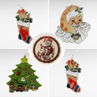 Vintage Christmas Decorations | Plastic Stained Glass Ornaments, Thomas Nast Santa Fabric Print | Wall Hanging Decor Lot
